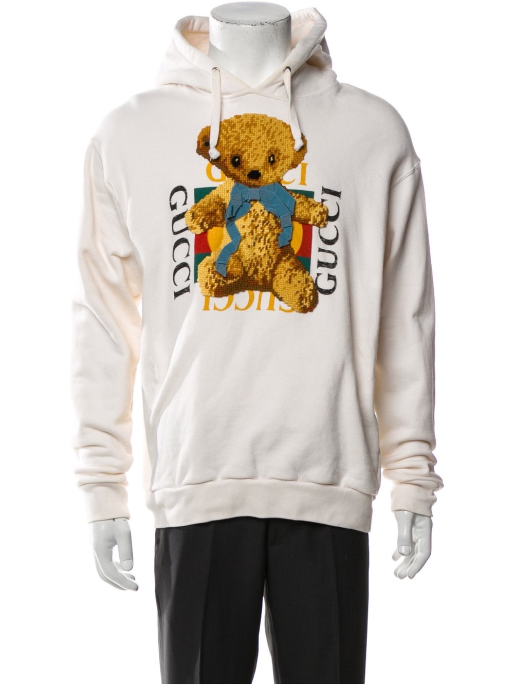 Gucci Cream Hoodie with Yellow Teddy and Blue Bow Graphic